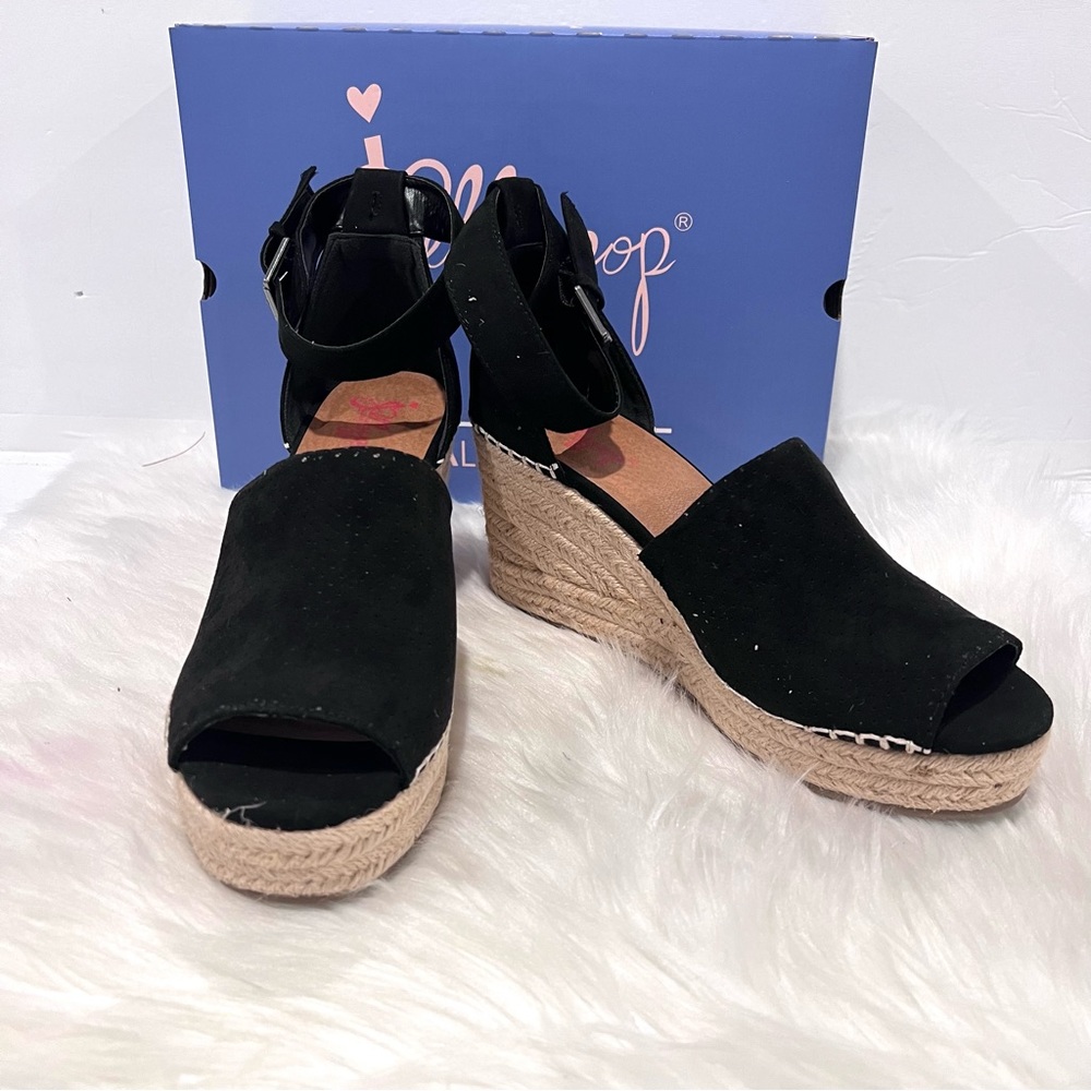 JellyPop Women's Ravishing Black Suede-like Wedge Sandals Comfort Fit Size 8M